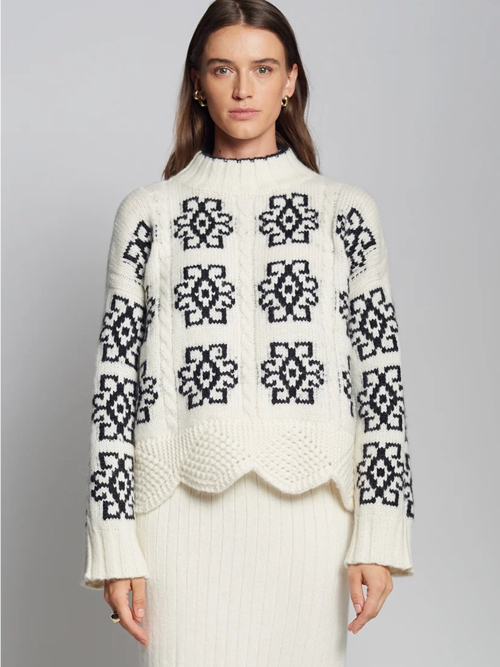 Ivory Floral-Pattern Cable Knit Alpaca Sweater